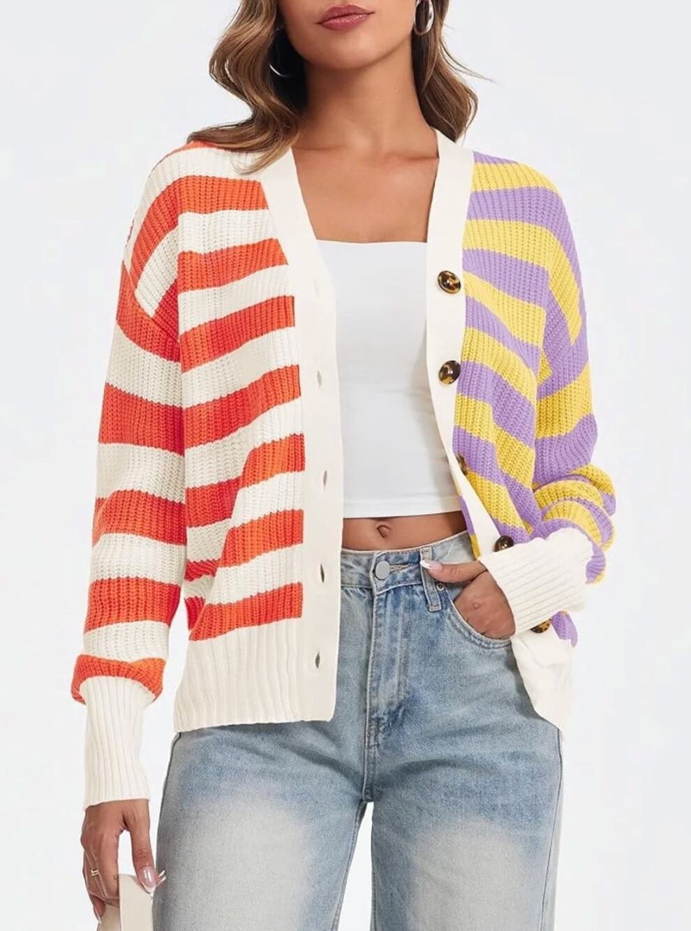 STAUD Essex Cardigan Cabana Stripe Orange Yellow Cream Purple Multi Large V-neck